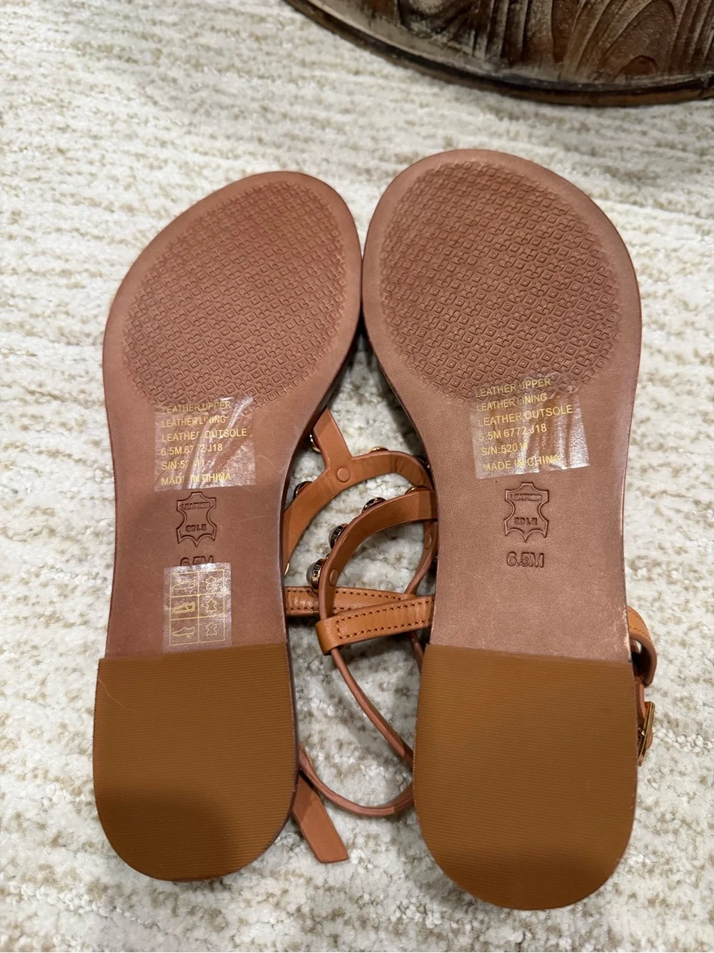 Tory Burch Brown Pearl-Embellished T-Strap Sandals